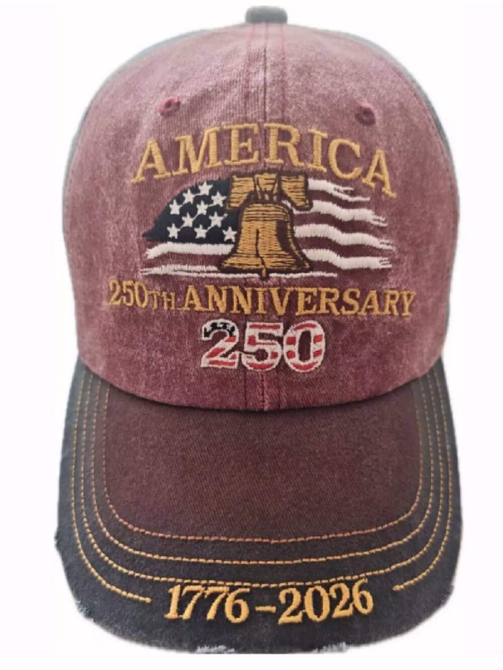 America Flag and Liberty Bell 250th Anniversary Embroidered Distressed Style Cap